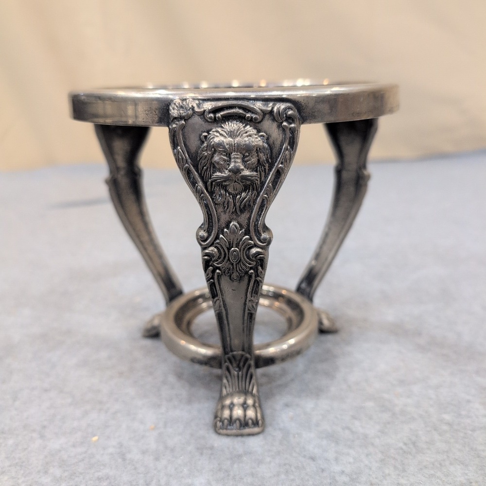 Ornate Silver Tone Lion Head Claw Foot Metal Bowl Stand Pedestal Base